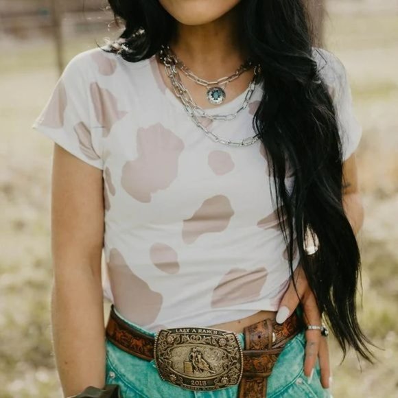 RELISTED Cow Print Crop Top Tan Tee Shirt - Picture 4 of 7